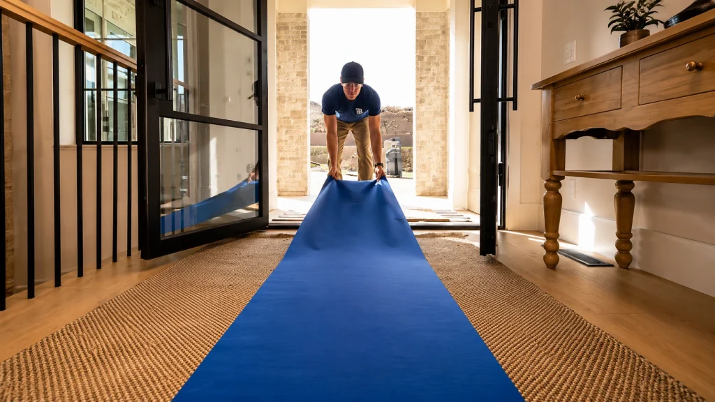 Blue floor runner placed inside a home to protect the carpet and entryway