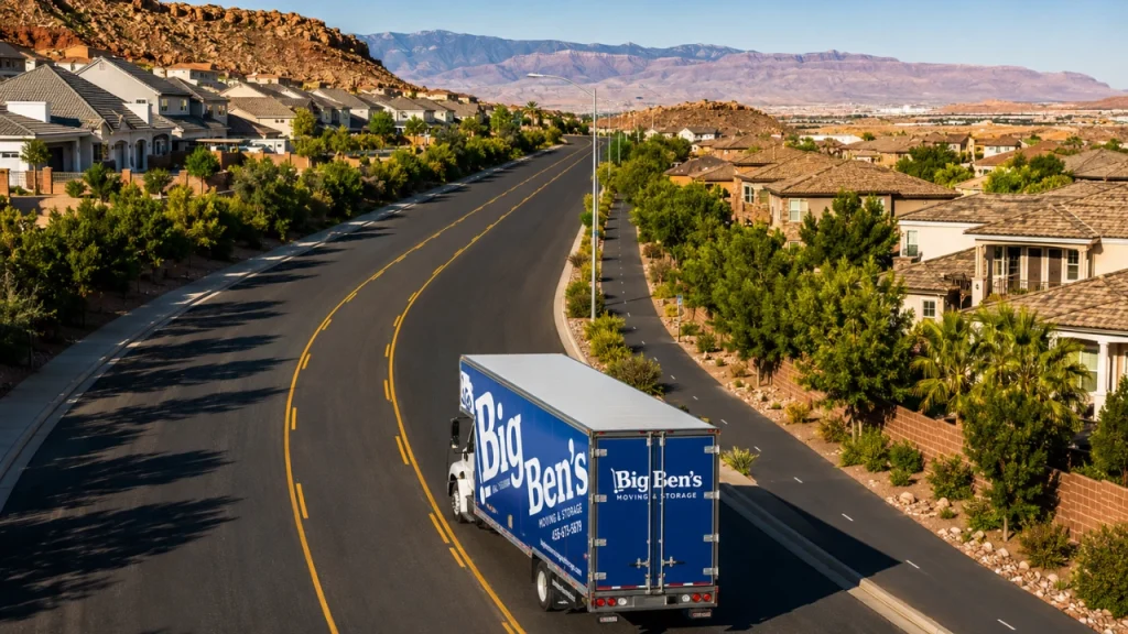 Big Ben’s Moving & Storage truck driving through a residential area for long distance moving service