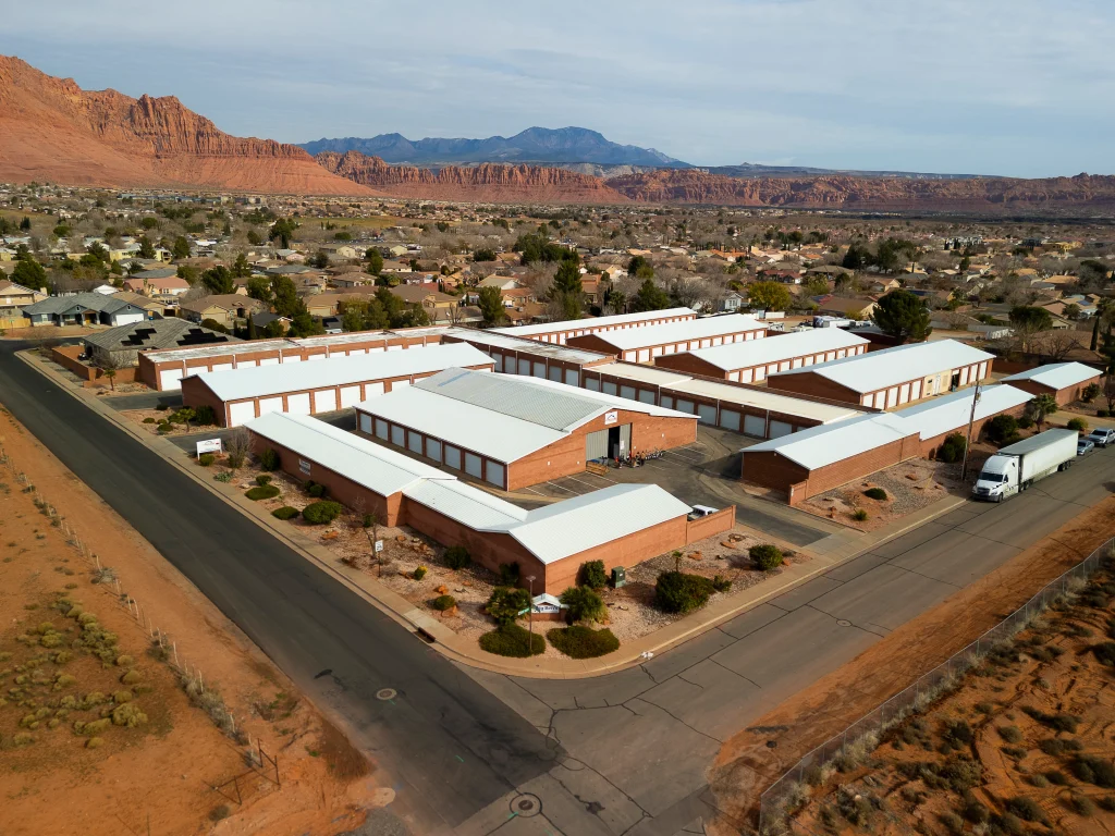 Aerial view of Big Ben’s Moving & Storage storage facility at 47 E 800 S in Ivins, Utah