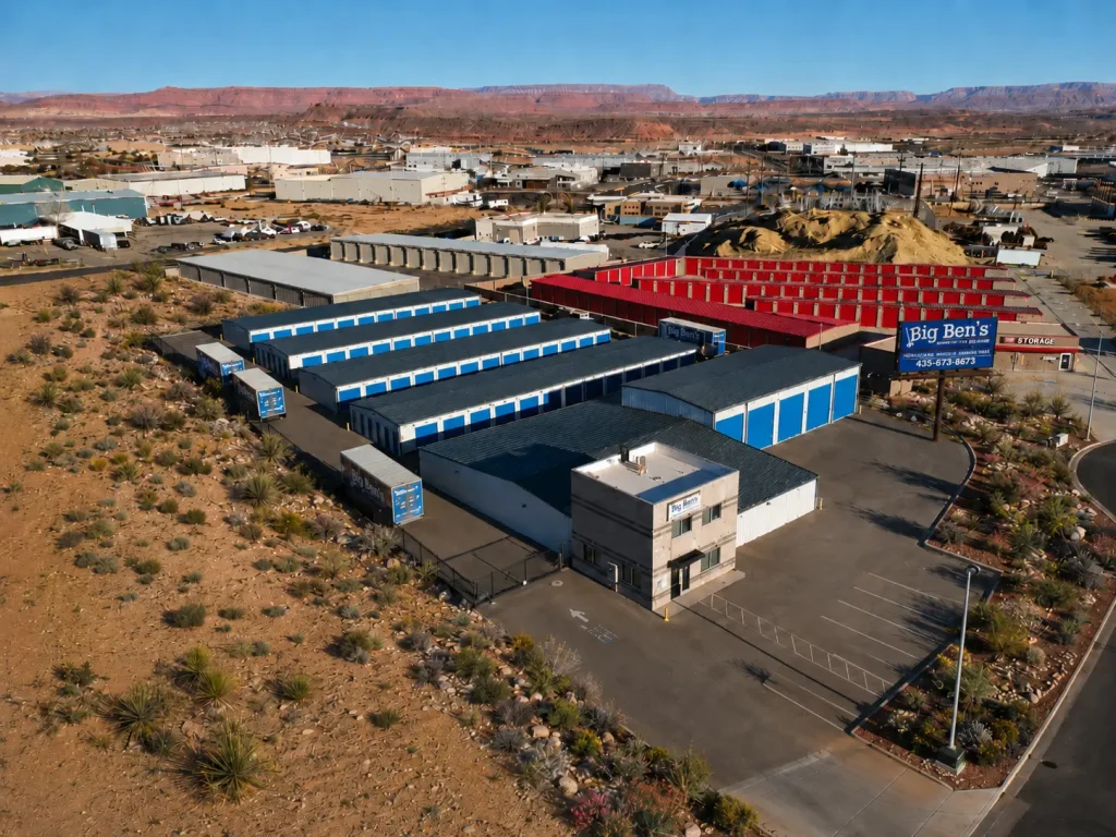 Aerial view of Big Ben’s Moving & Storage storage units at 4485 Mill Circle in St. George, Utah