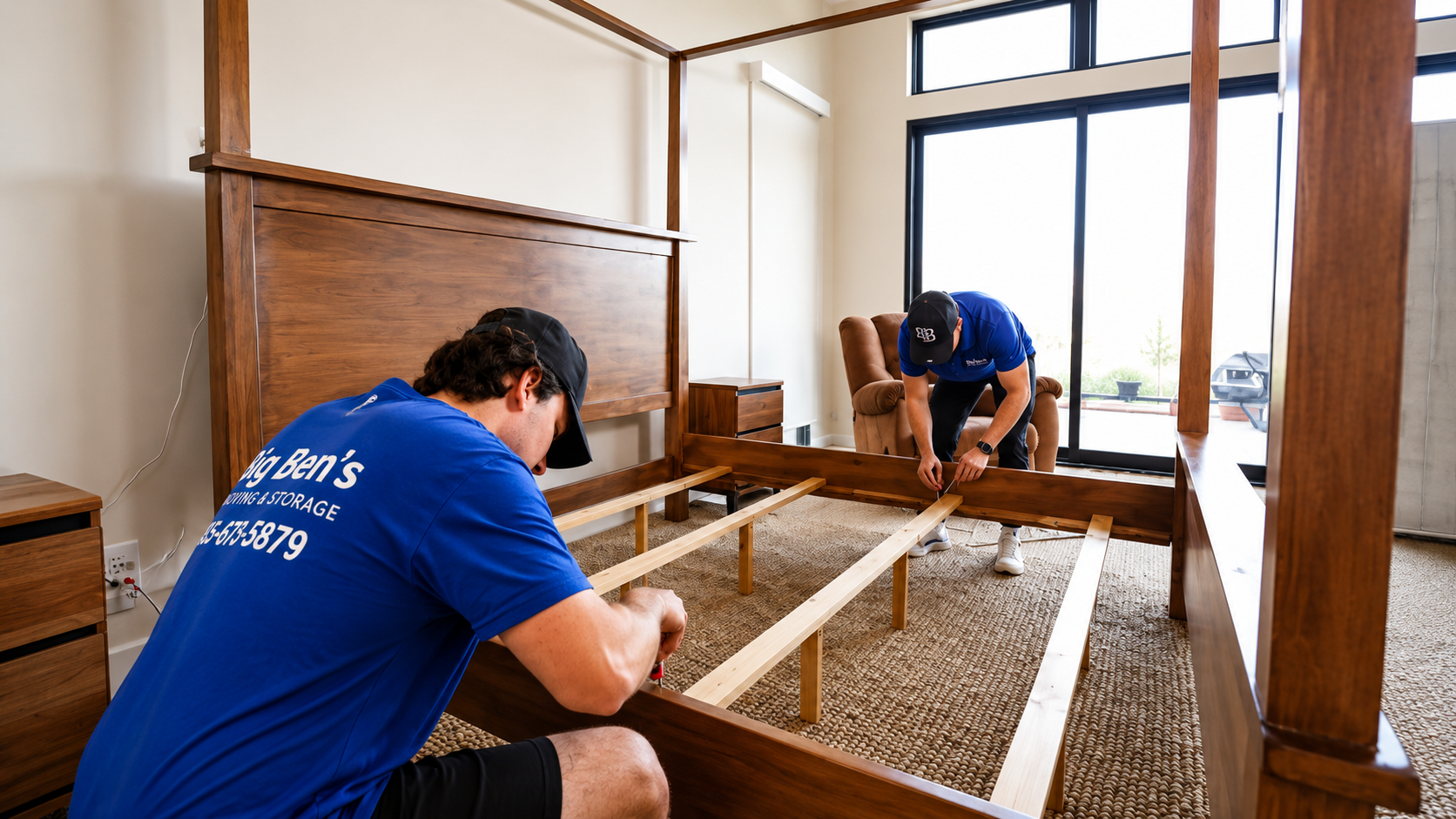 Big Ben’s crew assembling a bed frame inside a customer’s home