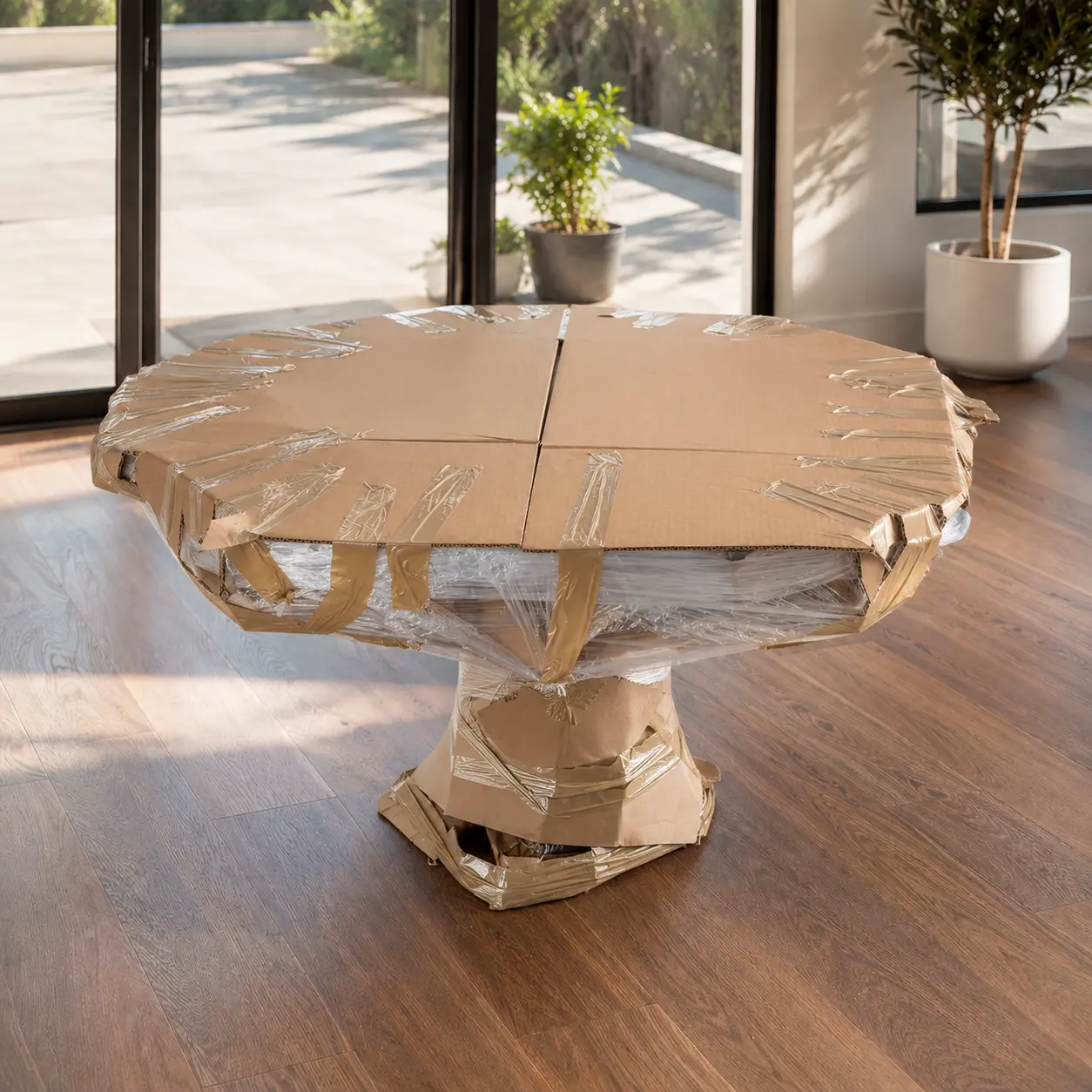 Specialty item moving service with custom protection for a delicate wooden table
