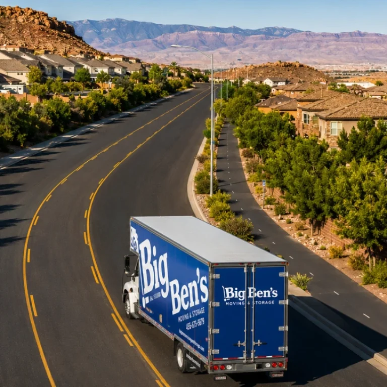 Big Ben’s Moving & Storage truck driving through a residential area for long distance moving service